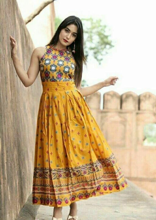 Women's Yellow Embroidered A-Line Dress