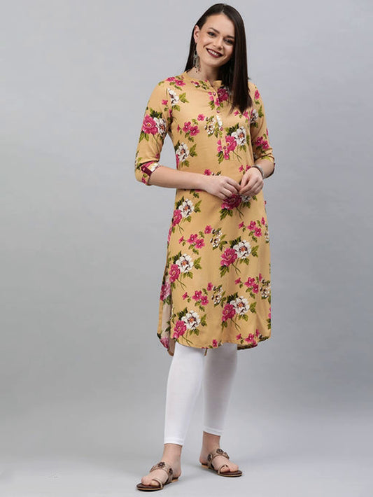Women's Yellow Floral Printed Straight Kurta