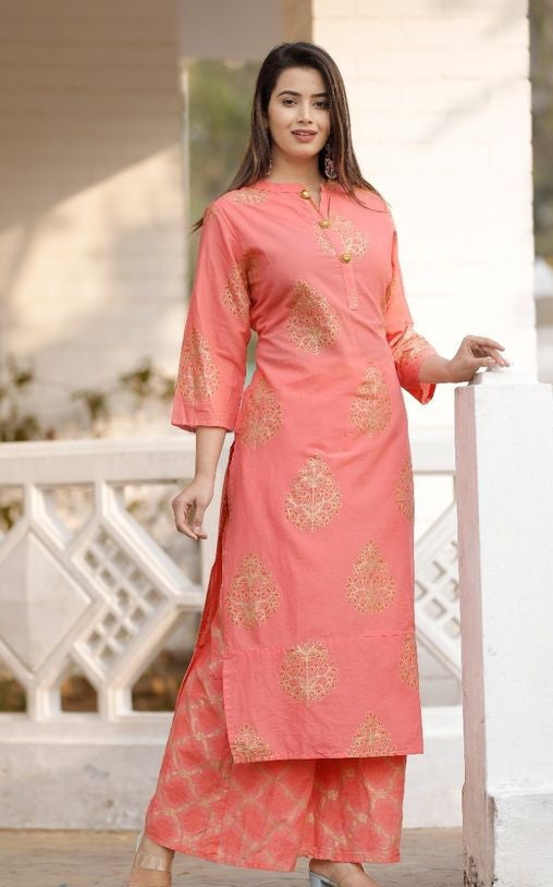 Women's Gold Printed Kurta with Palazzos