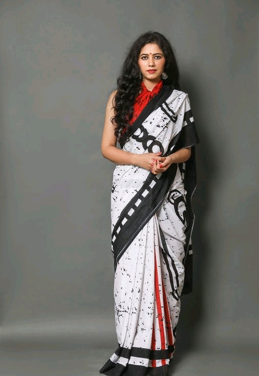 Black and White Printed Cotton Saree