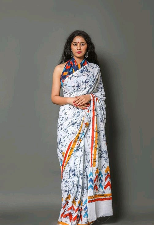 Trendy White Printed Saree