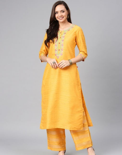 Women's Embroidered Yellow Polyester Kurta Set With Trousers